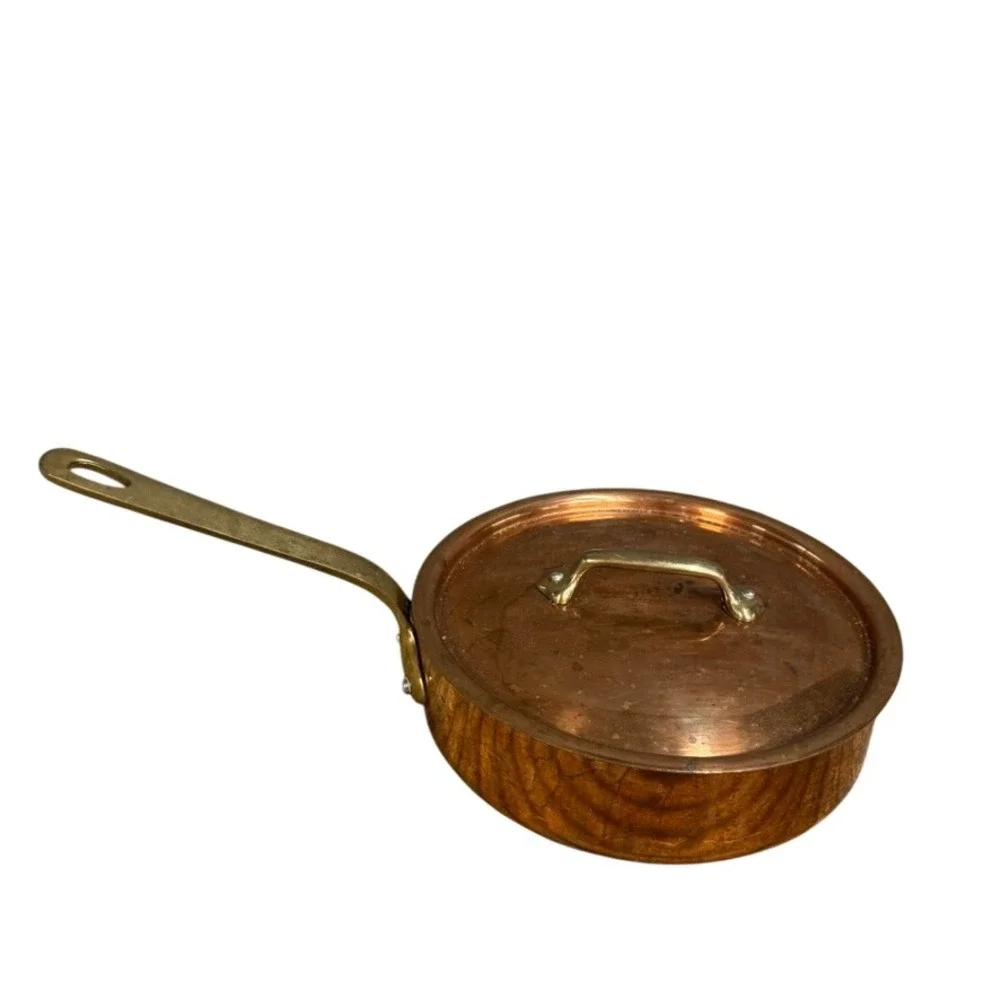 Crate and Barrel Copper Saute Pan with Lid Made in France Brass Handle 8 Inch